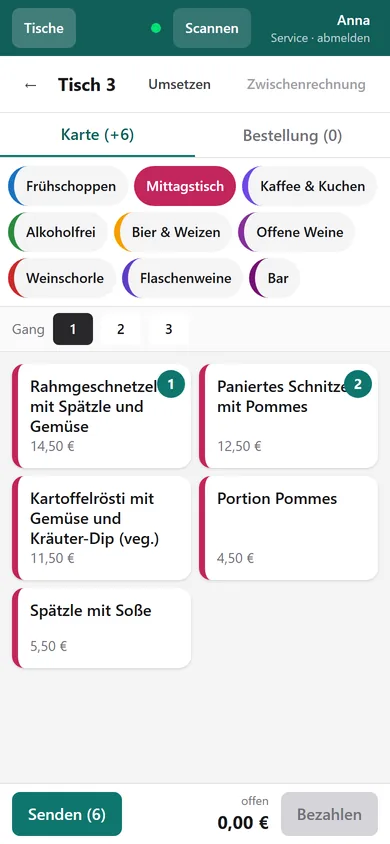 Bestellen am Handy: Speisekarte für Tisch 3